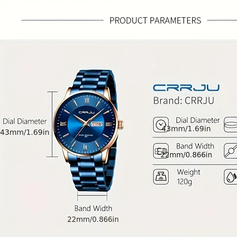 Men's classic quartz watch by Alcom Distribution with blue dial and metal band 43mm dial diameter