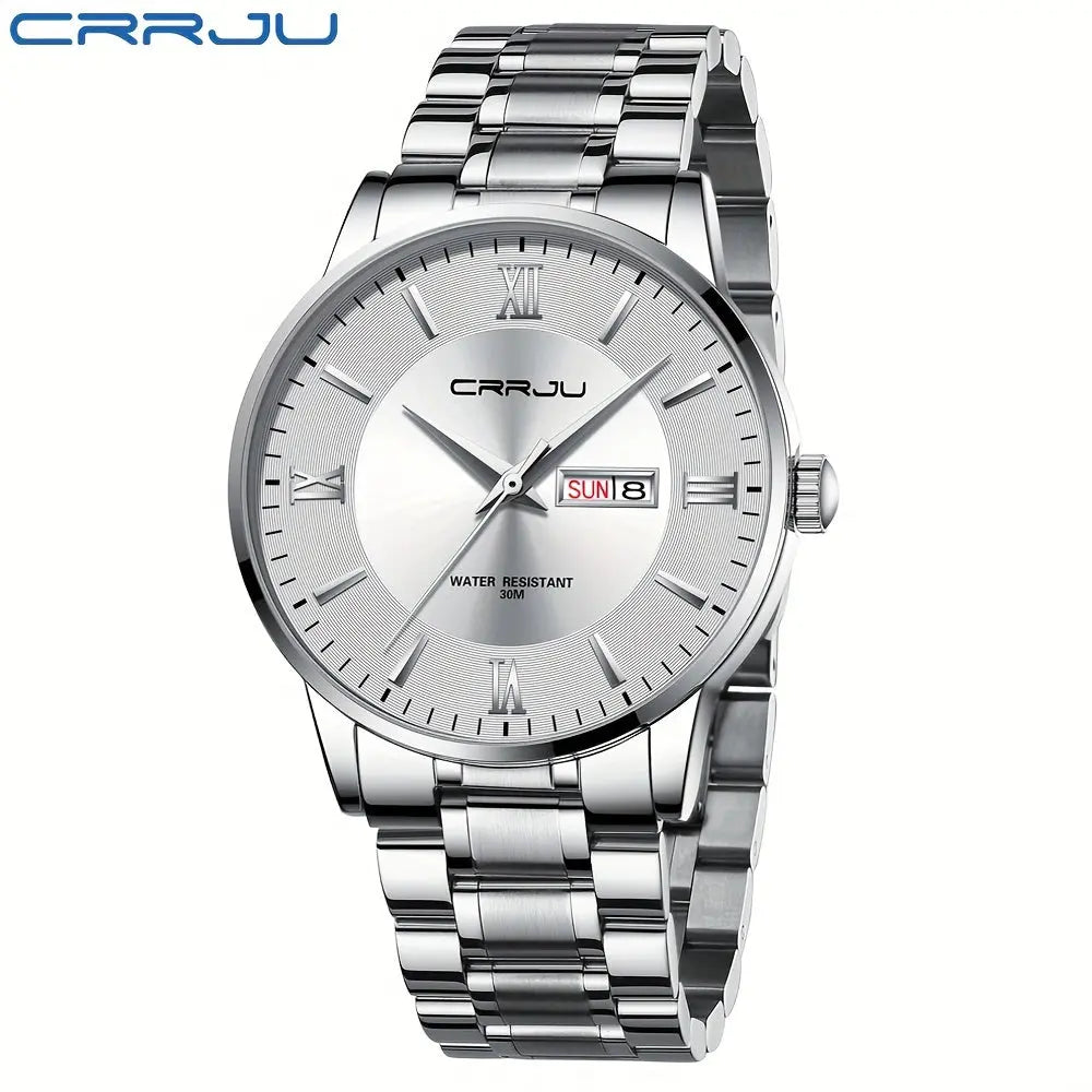 CRRJU silver men's classic quartz watch with stainless steel band and date display