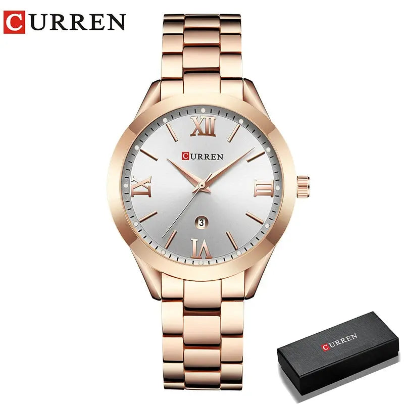 CURREN gold bracelet watch with silver dial and roman numerals by Alcom Distribution with black CURREN box