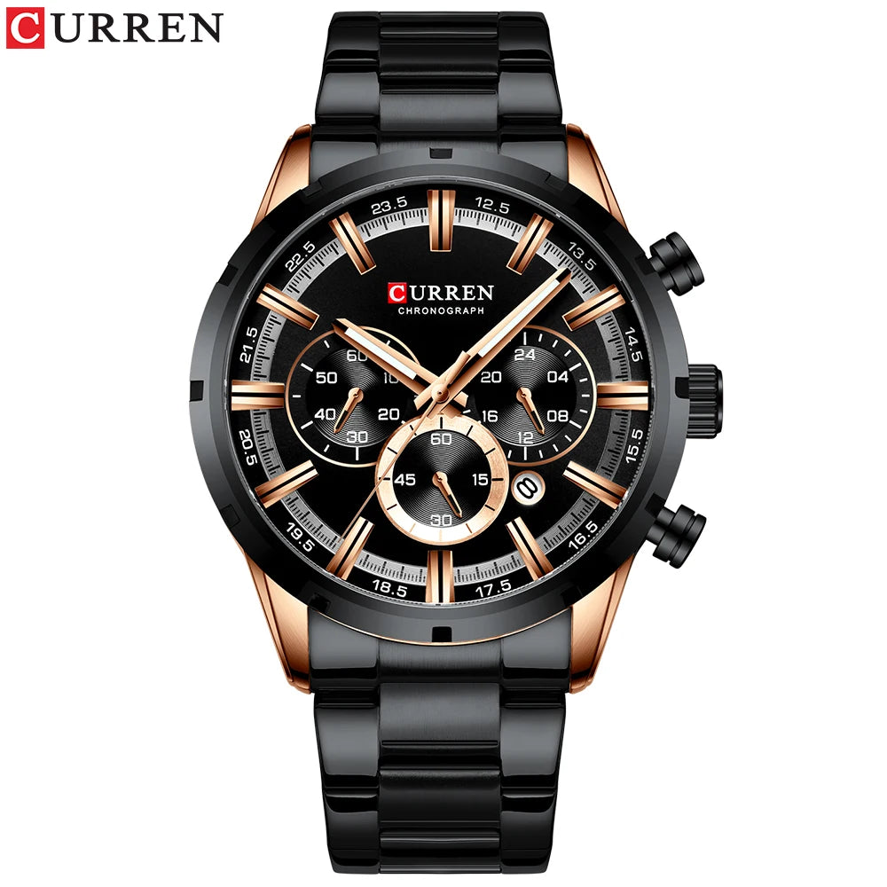 Curren luxury men's watch with black and rose gold chronograph dial and metal strap