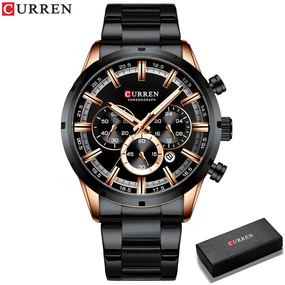 Curren luxury men's watch with black and rose gold chronograph dial and black metal strap