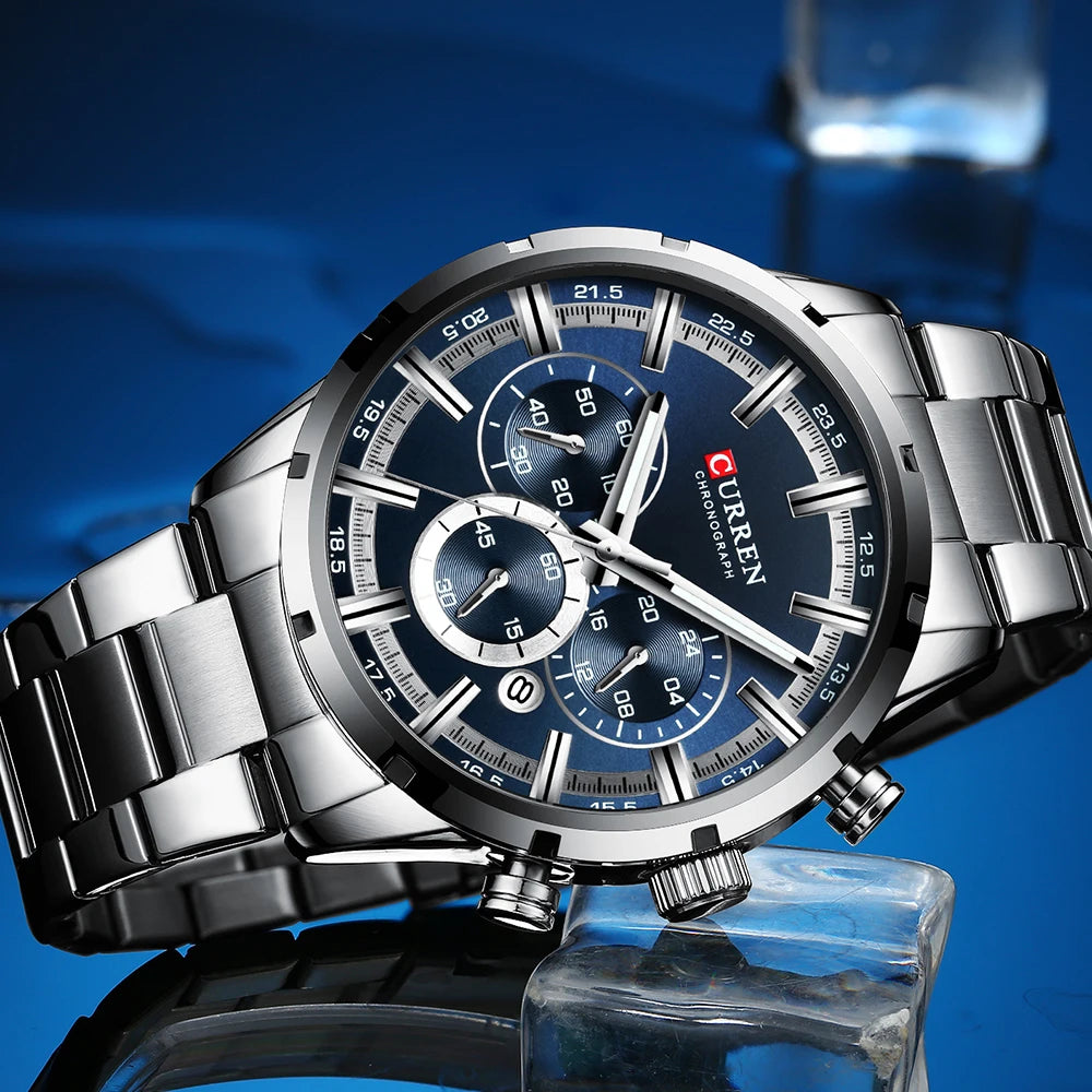 Curren luxury men's watch with silver metal band and blue chronograph dial by Alcom Distribution