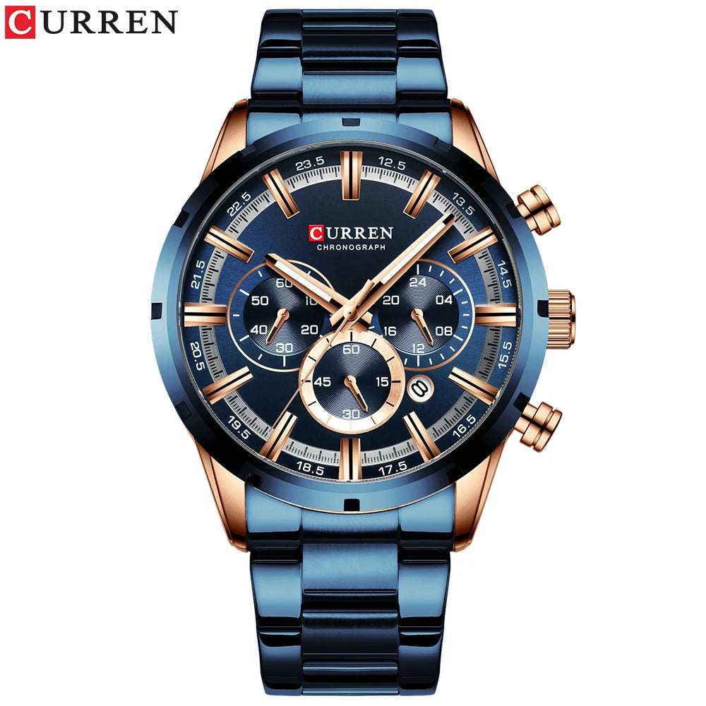 Curren luxury men's watch with blue dial and rose gold accents by Alcom Distribution