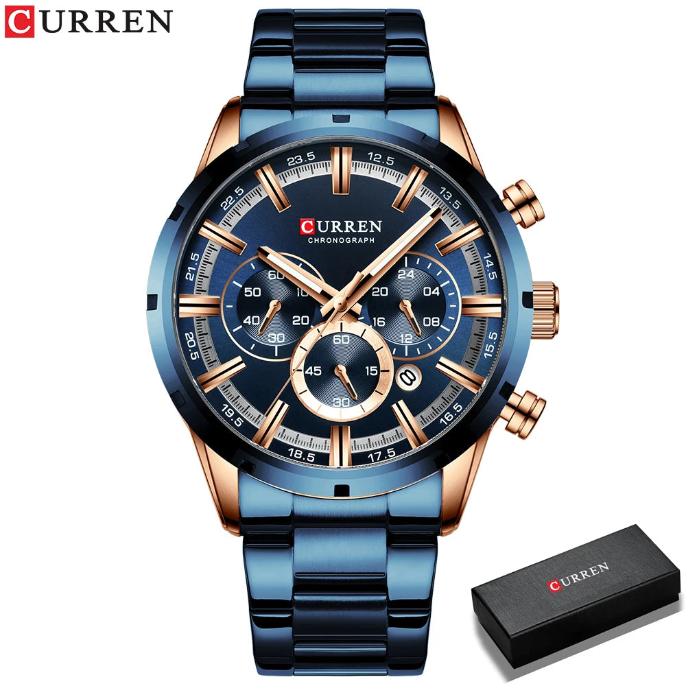 Curren luxury men's watch with blue metal band and rose gold accents chronograph by Alcom Distribution