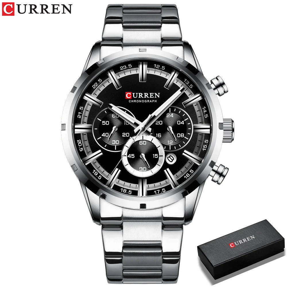 Curren luxury men's watch with black chronograph dial and silver stainless steel band by Alcom Distribution