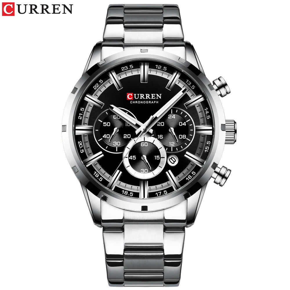 Curren luxury men's watch with stainless steel band and black chronograph dial from Alcom Distribution