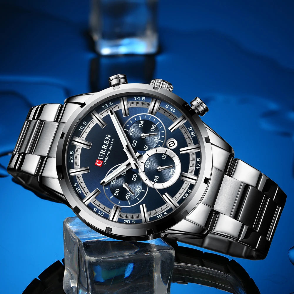 Curren luxury men's watch with stainless steel band and blue chronograph dial by Alcom Distribution