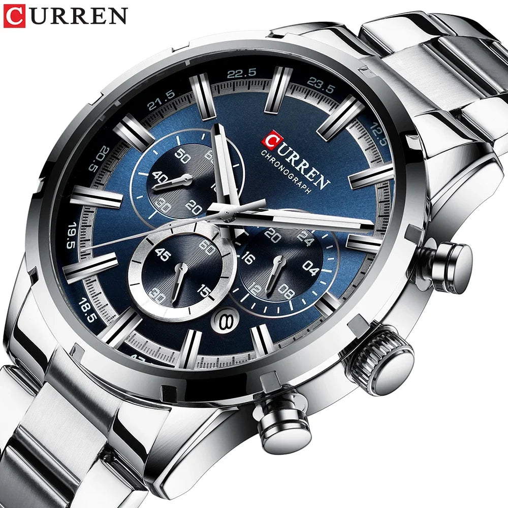 Curren luxury men's watch with silver stainless steel band and blue chronograph dial by Alcom Distribution