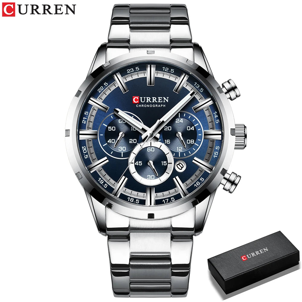 Curren luxury men's watch with blue dial silver stainless steel band chronograph and black Curren box