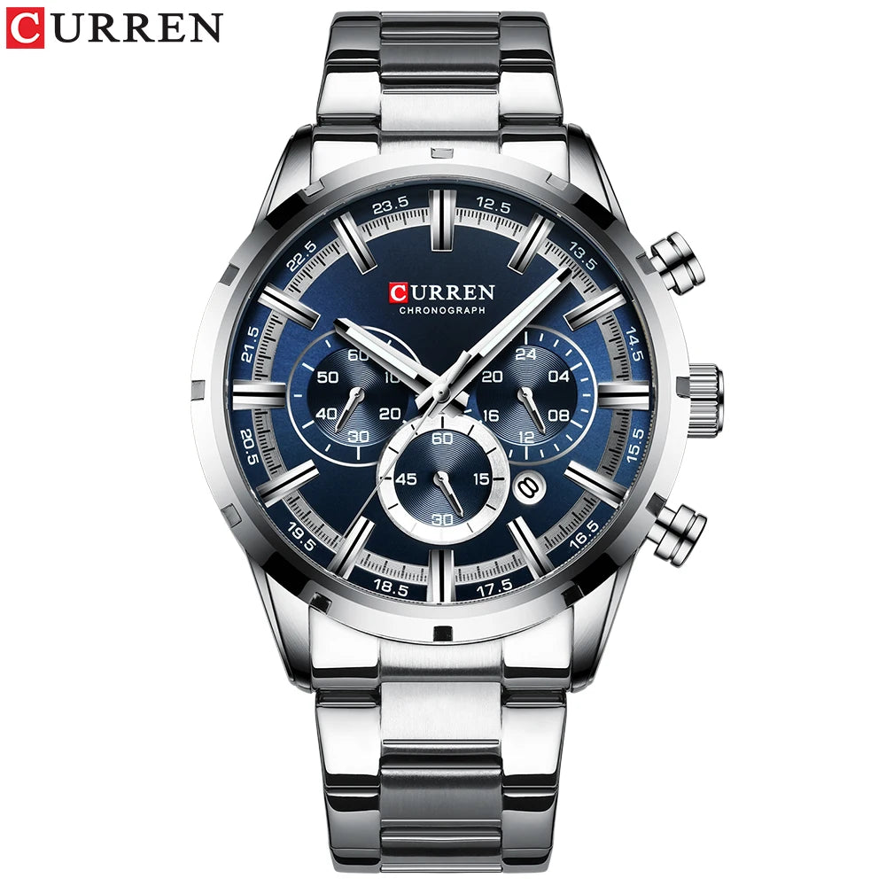 Curren luxury men's watch with blue dial stainless steel band chronograph design