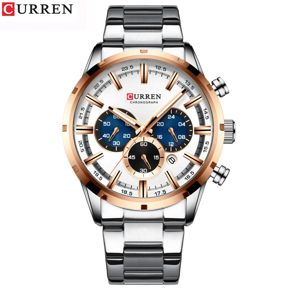Curren luxury men's watch with silver stainless steel band and rose gold bezel chronograph dial