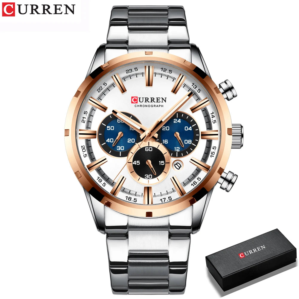 Curren luxury men's watch with silver and rose gold stainless steel band and chronograph dial