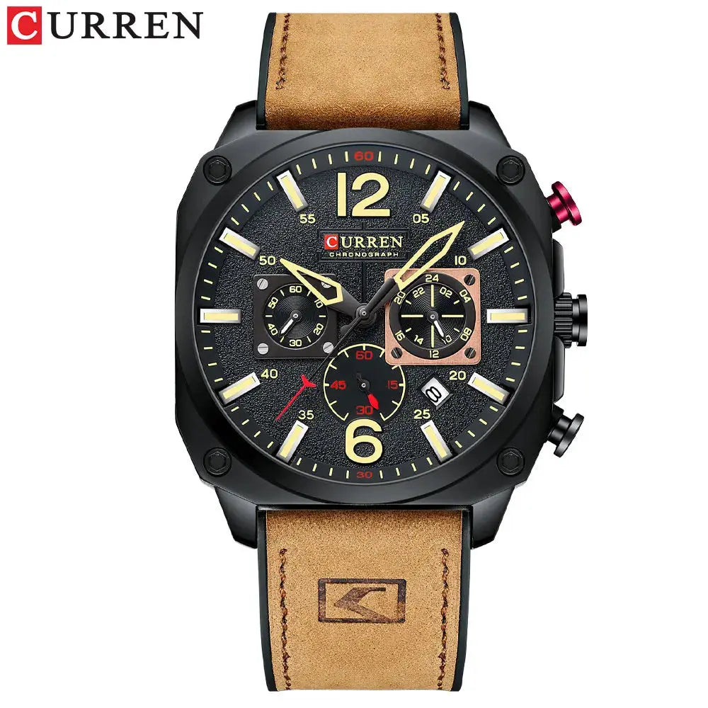 CURREN men's chronograph watch with black dial and tan leather strap by Alcom Distribution