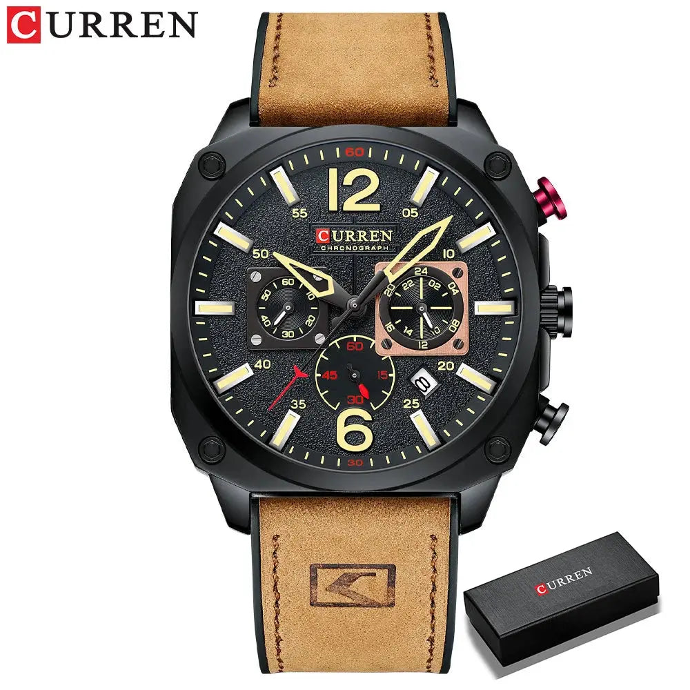 CURREN men's chronograph watch with black dial and tan leather strap by Alcom Distribution