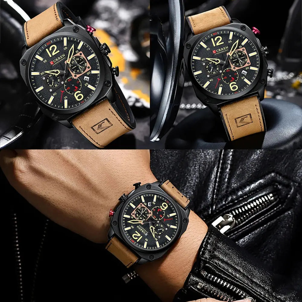 CURREN men's chronograph watch with black dial and brown leather strap by Alcom Distribution