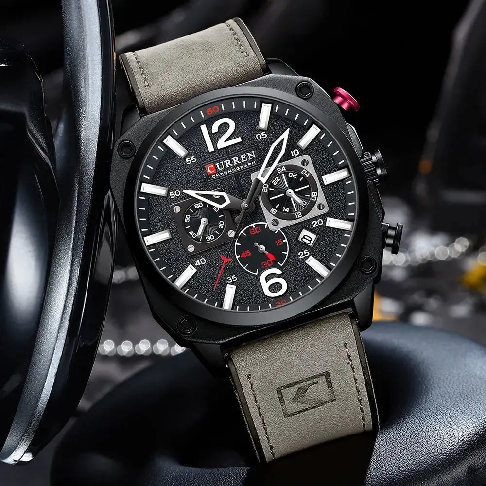 CURREN men's chronograph watch with black dial and gray leather strap by Alcom Distribution