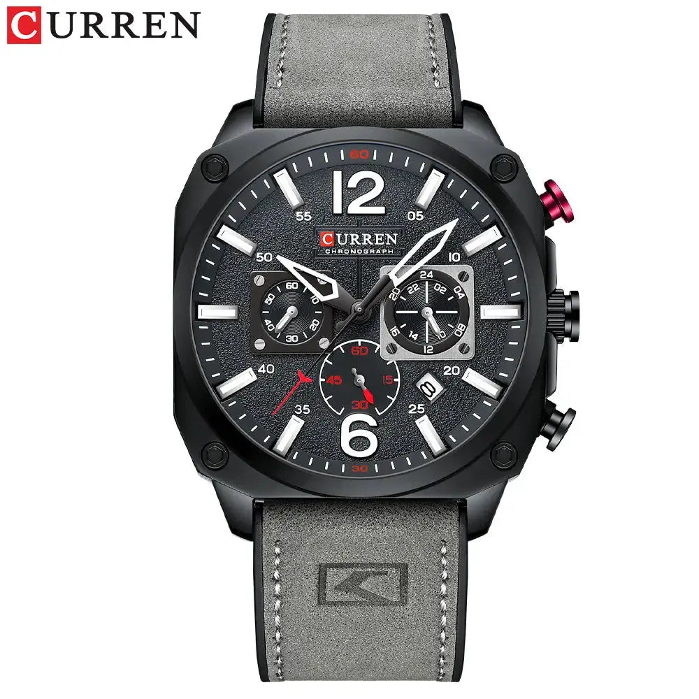 CURREN men's chronograph watch with black square dial and gray leather strap by Alcom Distribution