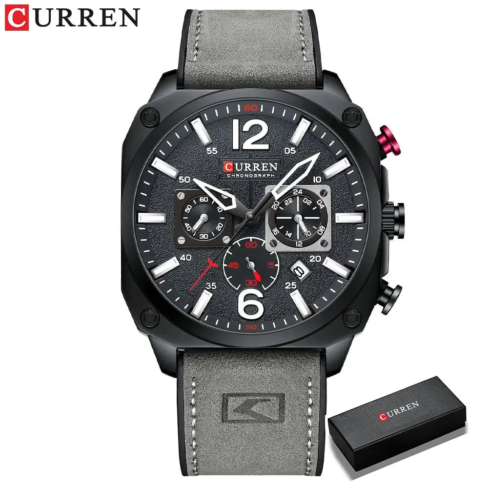 CURREN men's chronograph watch with black dial gray leather strap and red accent button