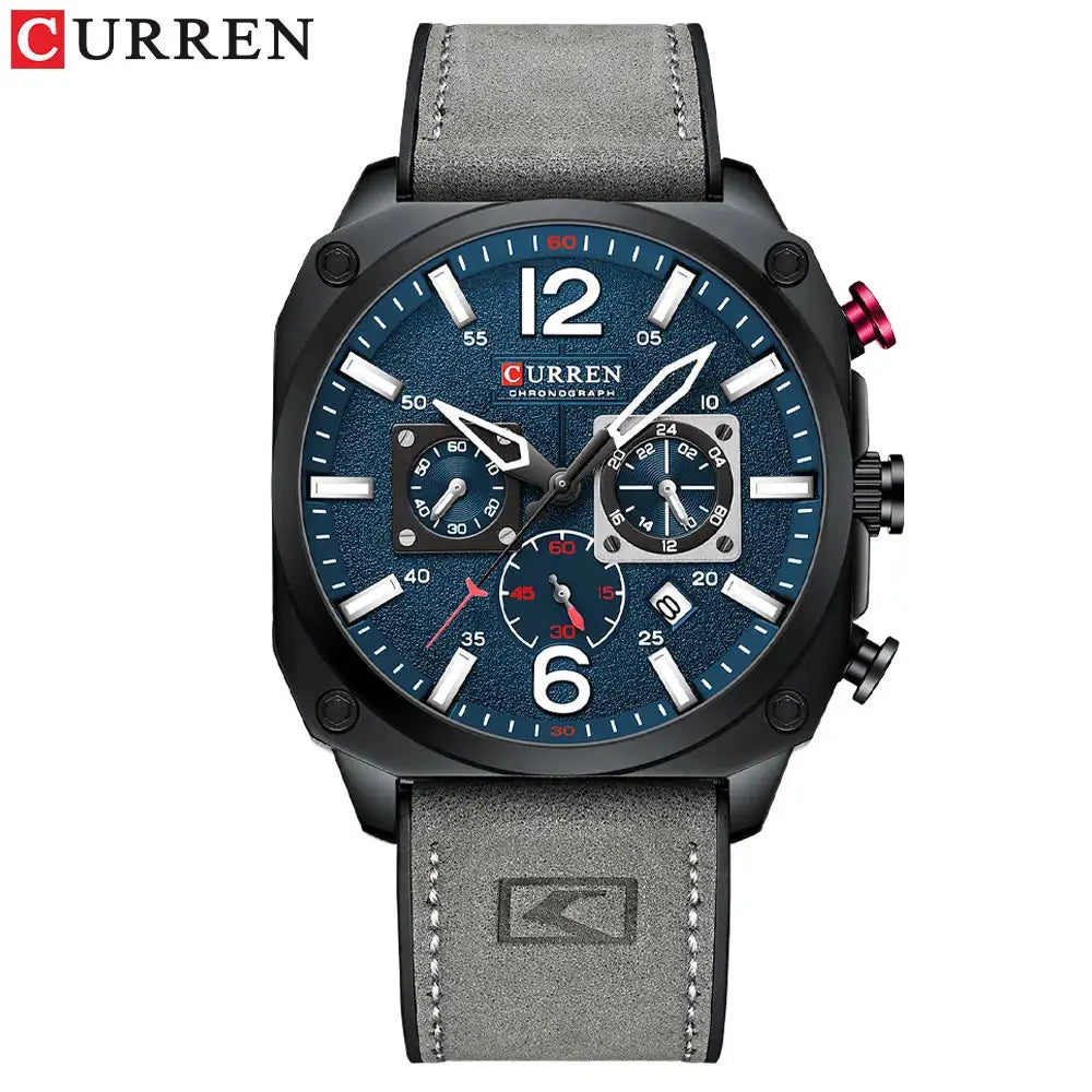 CURREN men's chronograph watch with blue dial and gray leather strap by Alcom Distribution