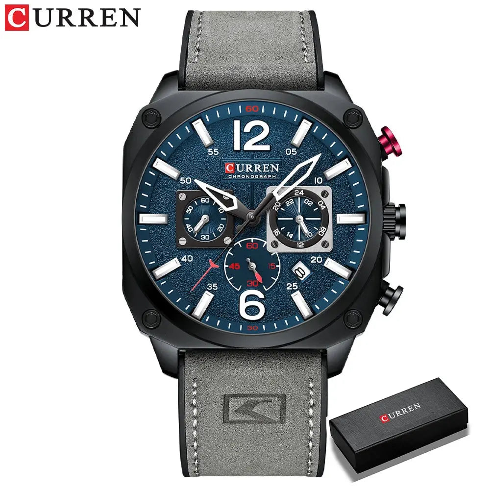 CURREN men's chronograph watch with blue dial gray leather strap and black case by Alcom Distribution