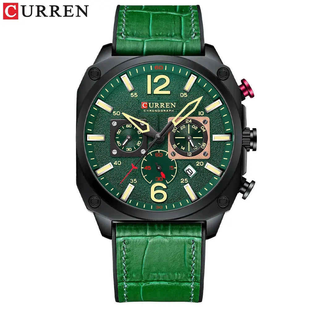CURREN men's chronograph watch with green leather strap and black square case by Alcom Distribution