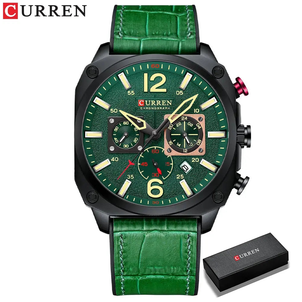 CURREN men's chronograph watch with green leather strap and black square dial by Alcom Distribution