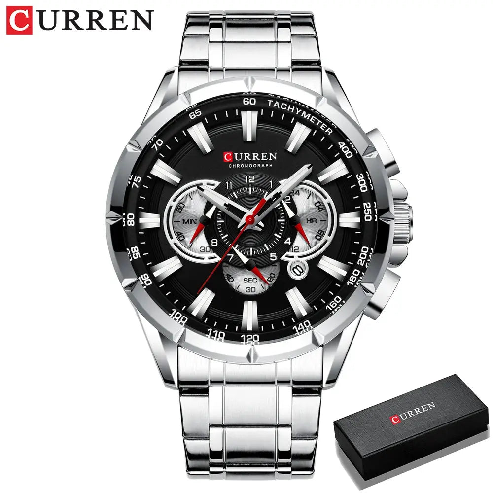 CURREN sport chronograph watch with stainless steel band and black dial featuring tachymeter and subdials