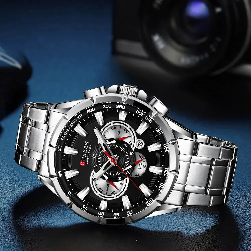 CURREN sport chronograph watch with silver stainless steel band and black dial for stylish timekeeping