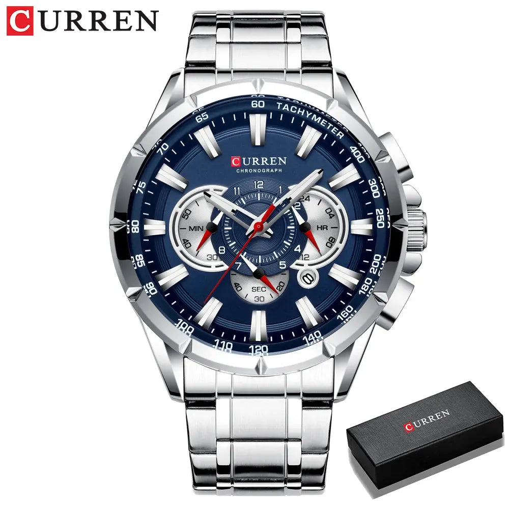 CURREN sport chronograph watch with navy dial and stainless steel band for a stylish look