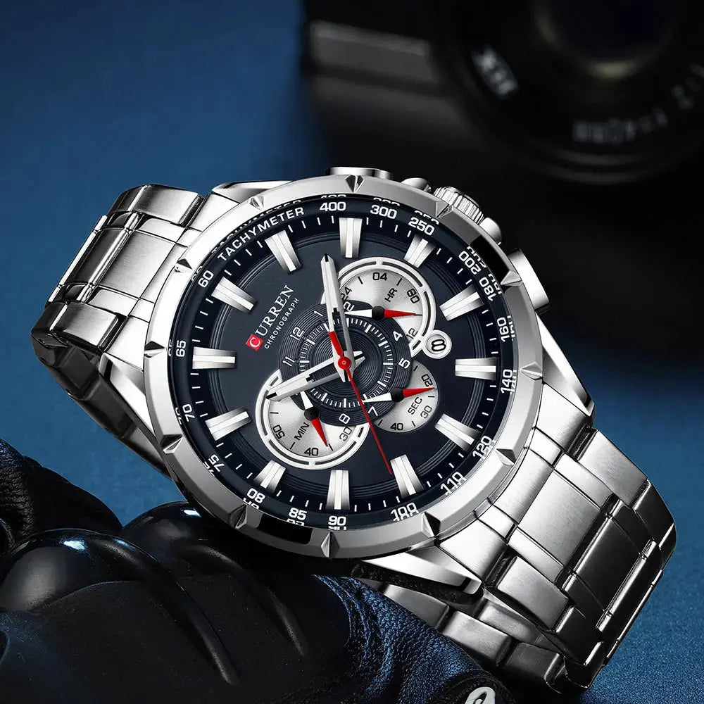 CURREN sport chronograph watch with stylish silver stainless steel band and black face