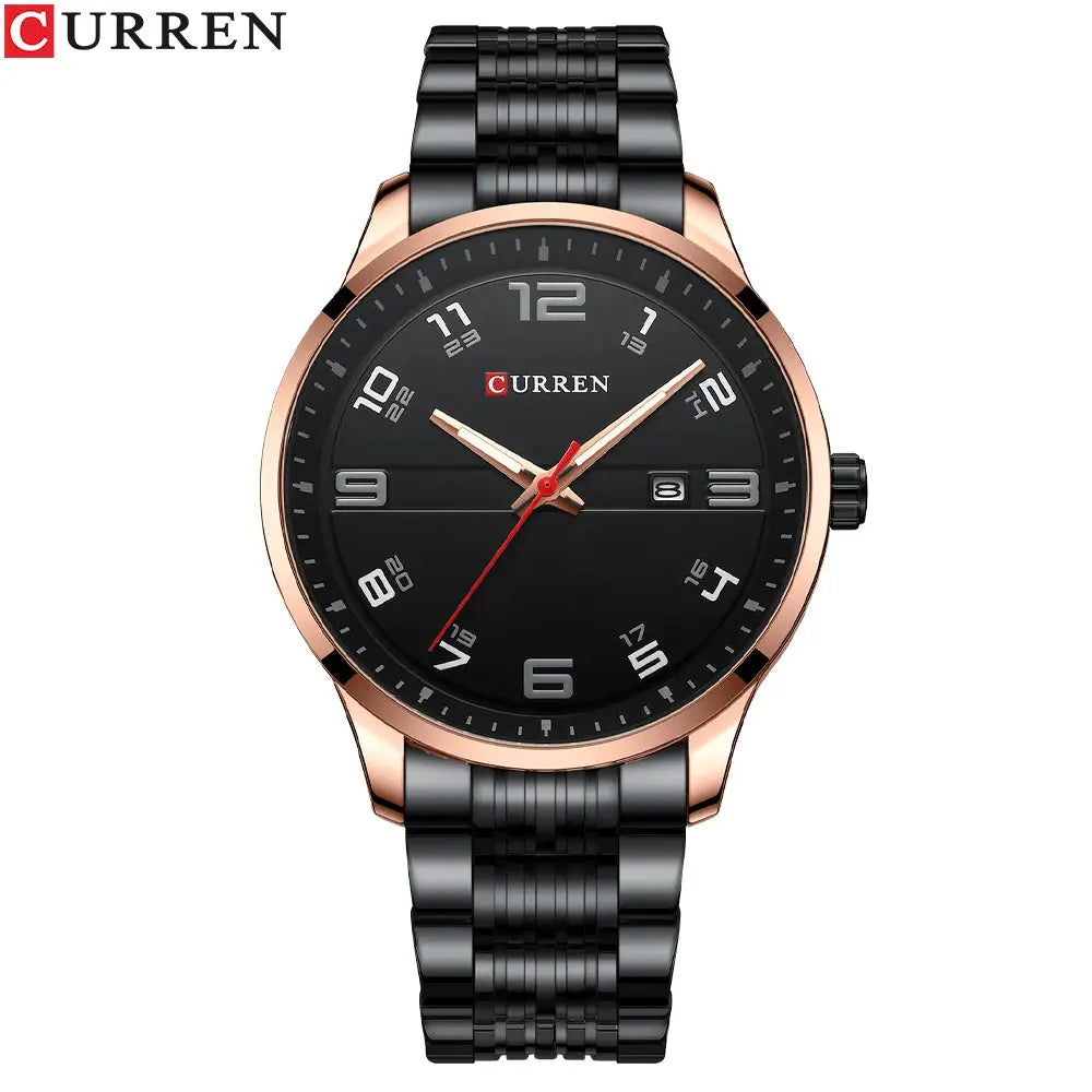 Curren stainless steel business watch with black dial and rose gold bezel for men