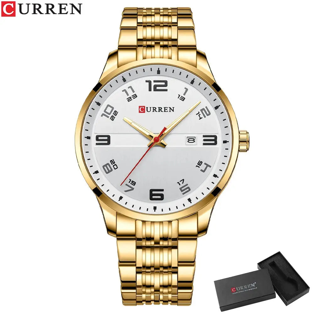Curren gold stainless steel business watch with white dial and date display by Alcom Distribution