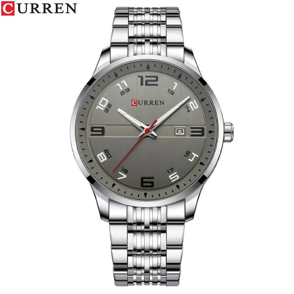 Curren stainless steel business watch with silver metal band and gray dial with date display