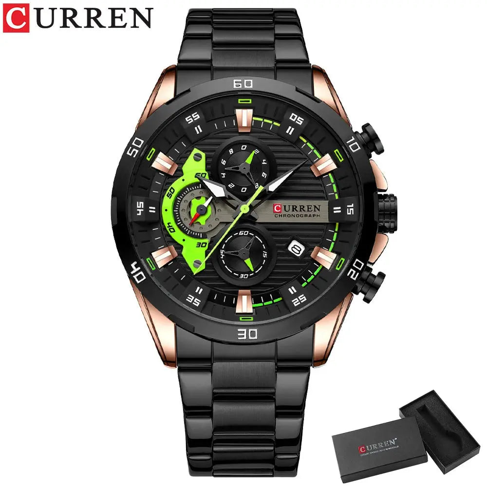 CURREN stainless steel watch with black and rose gold case, green accents, and chronograph features