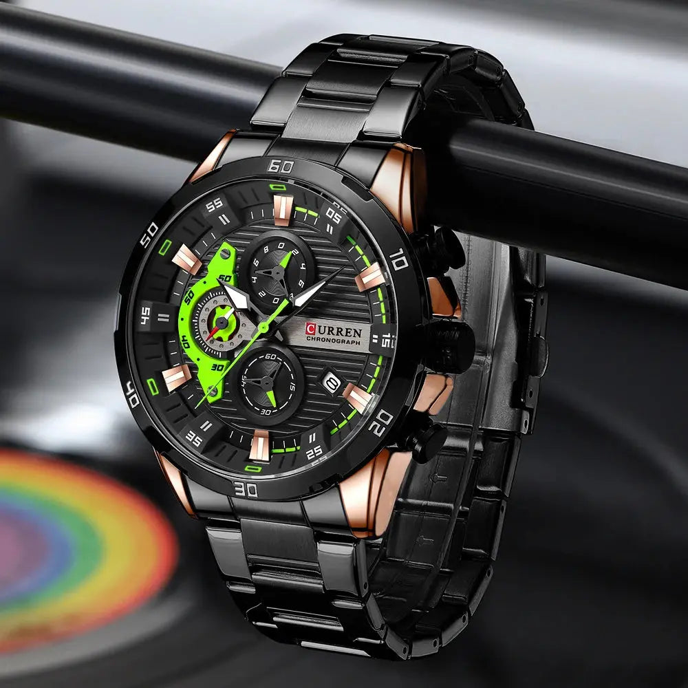 CURREN stainless steel watch with black and green chronograph dial and metal bracelet strap