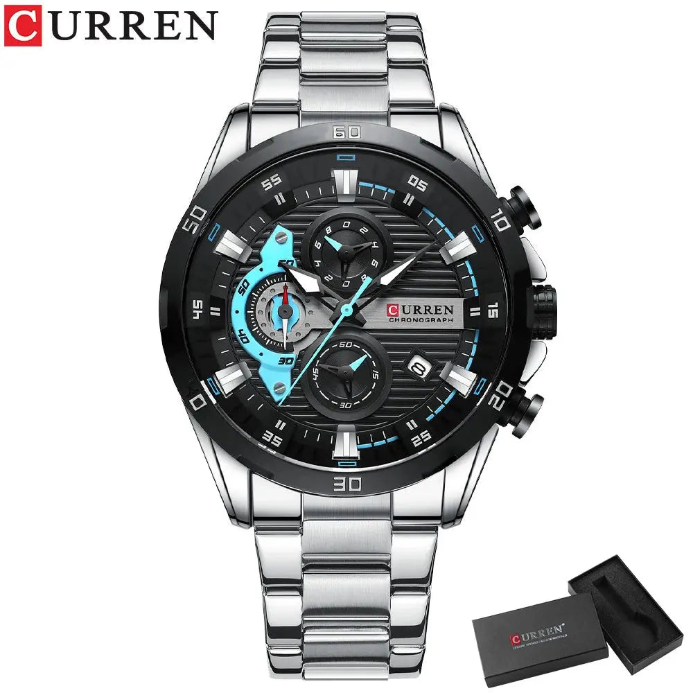 CURREN stainless steel watch with black and blue chronograph dial and silver metal band by Alcom Distribution