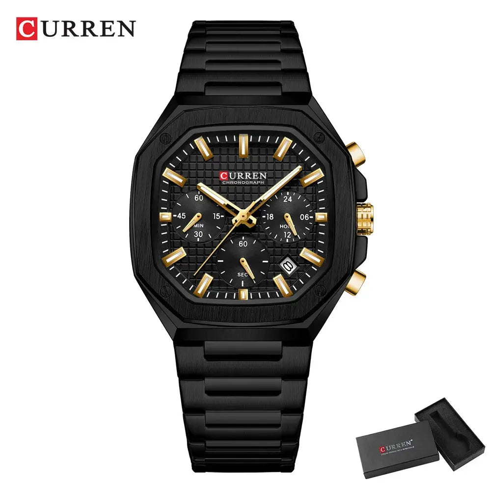Curren vintage square dial mens watch with black and gold design and metal strap