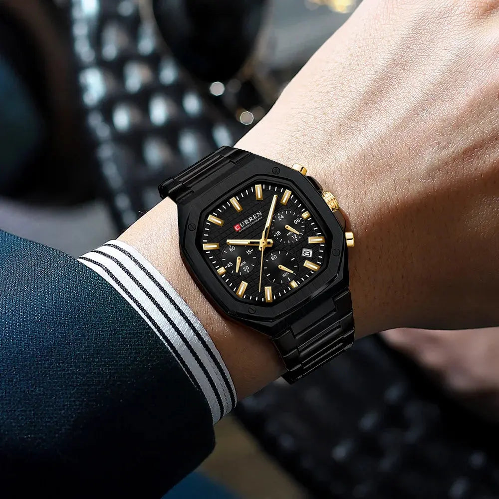 Curren vintage square dial mens watch in black with gold accents on wrist by Alcom Distribution
