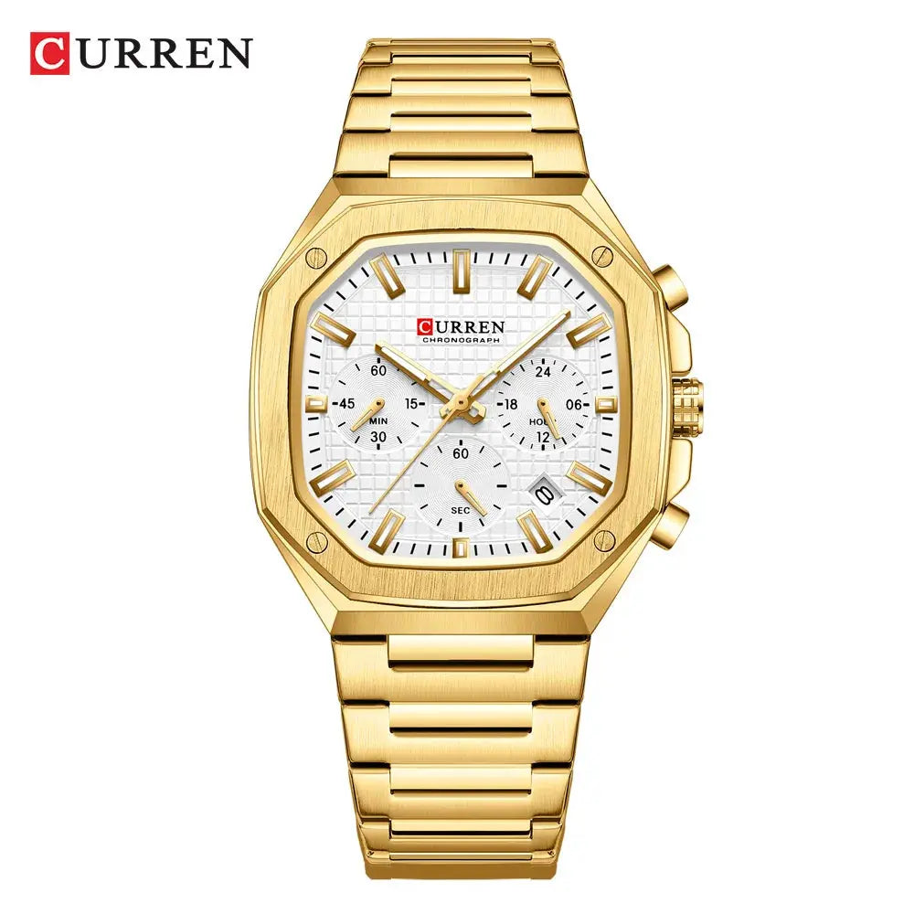 Curren vintage square dial mens watch with gold metal band and white chronograph face