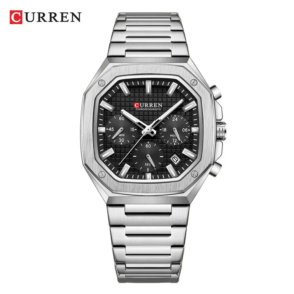 Curren vintage square dial mens watch with silver stainless steel band and black chronograph face