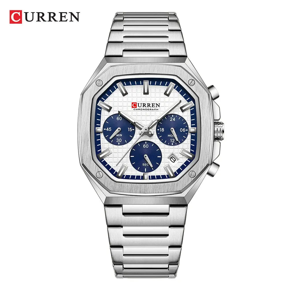 Curren vintage square dial mens watch with silver metal band and blue chronograph subdials