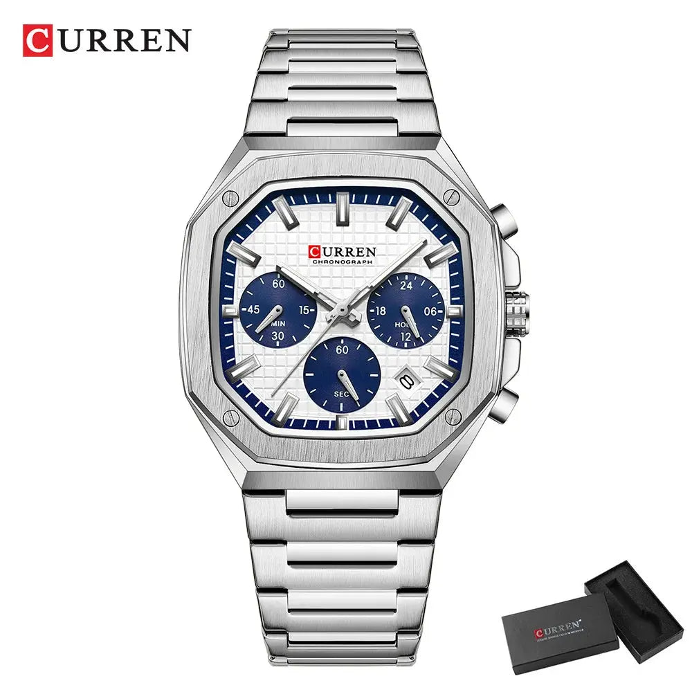 Curren vintage square dial mens watch with silver stainless steel band and blue chronograph subdials