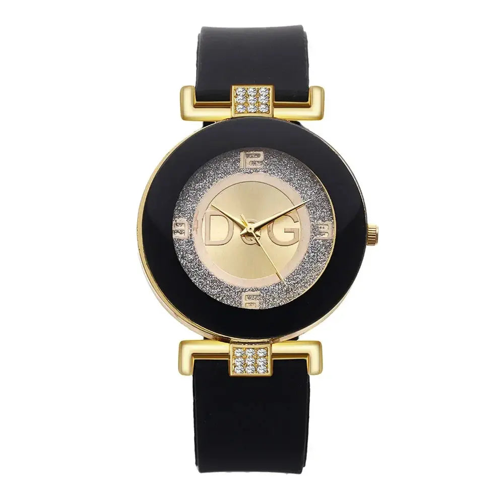 Alcom Distribution elegant quartz watch for women with black strap and gold-tone round dial