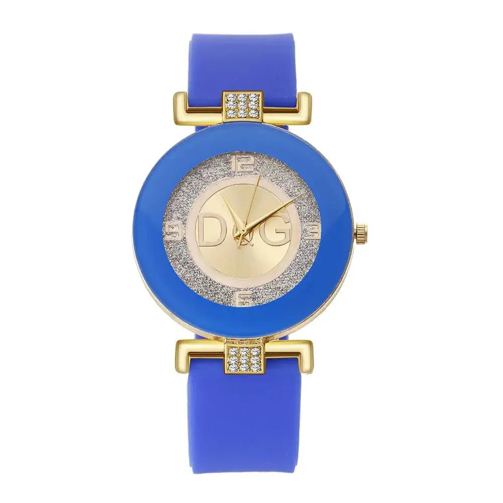 Elegant quartz watch for women with blue strap and gold-tone case featuring crystal accents