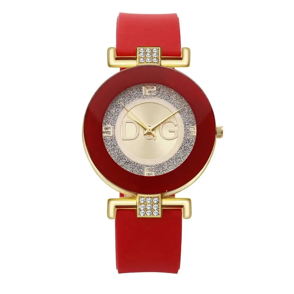 Elegant quartz watch for women with red strap gold case and sparkling crystal accents by Alcom Distribution