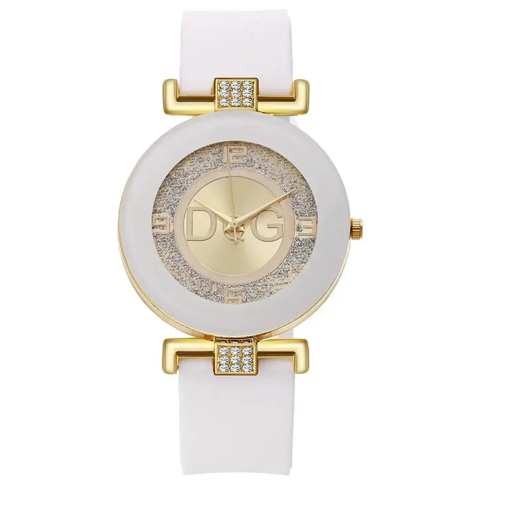 Elegant quartz watch for women with white strap and gold-tone round dial featuring crystal accents