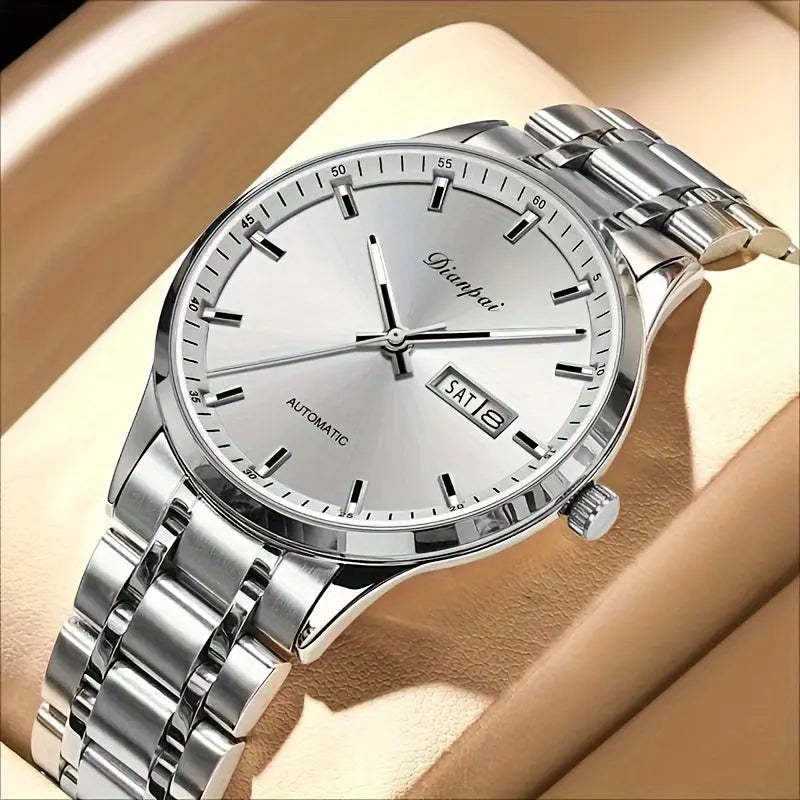 Alcom Distribution men's automatic business watch with silver stainless steel band and sleek dial