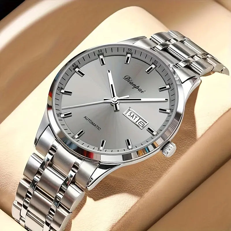 Alcom Distribution men's automatic business watch with silver dial and stainless steel bracelet