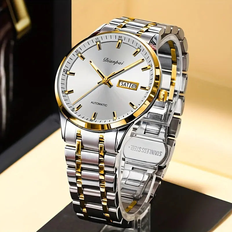 Alcom Distribution men's automatic business watch with silver and gold stainless steel band and day date display