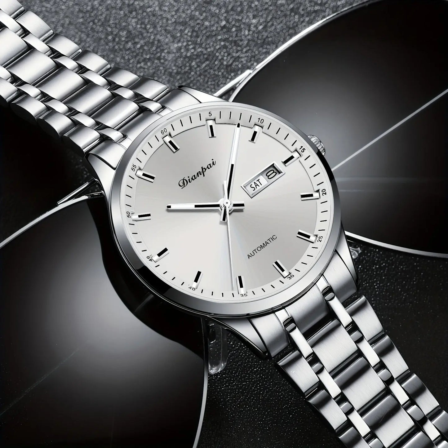 Alcom Distribution men's automatic business watch with silver metal band and white dial